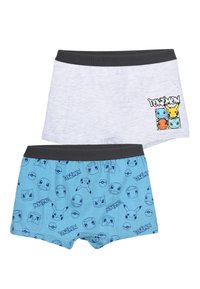 Due paia di boxer in cotone: uno grigio con logo Pokémon, l'altro azzurro chiaro con varie stampe di personaggi Pokémon, entrambi con elastico scuro.