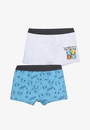 Due paia di boxer in cotone: uno grigio con logo Pokémon, l'altro azzurro chiaro con varie stampe di personaggi Pokémon, entrambi con elastico scuro.