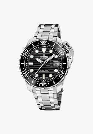 Orologio automatico in acciaio inox con quadrante nero texturizzato, indicatori luminosi e lunetta girevole unidirezionale. Data visualizzata alle 3.