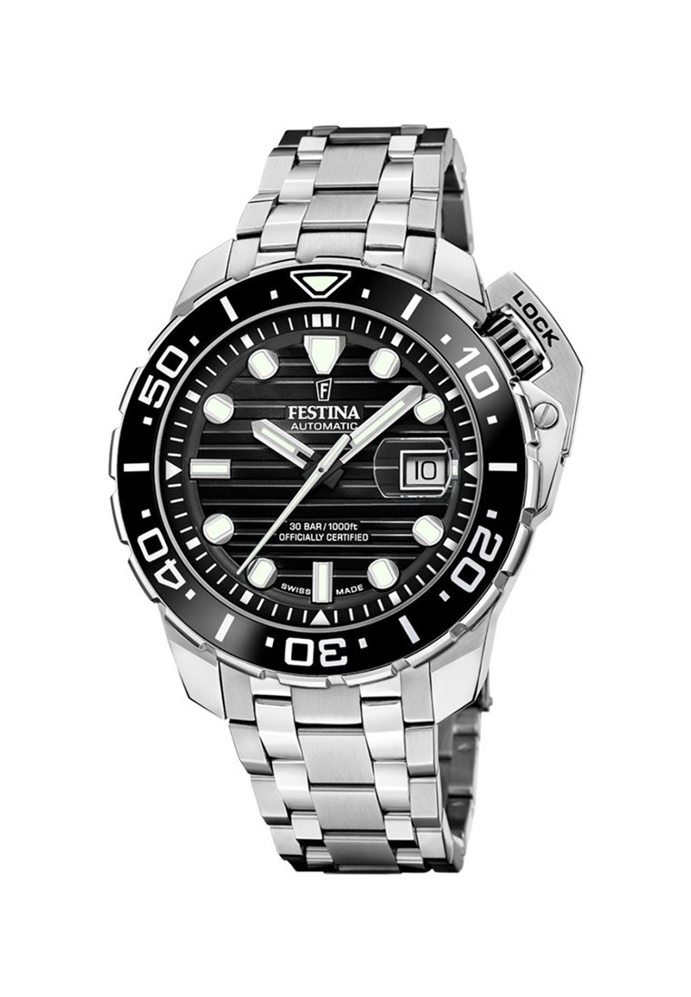 Avtomatska ura iz nerjavečega jekla z črnim teksturiranim številčnikom, svetlečimi oznakami in enosmernim rotirajočim okvirjem. Prikaz datuma ob 3. uri.