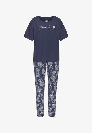 Navy Baumwolle Schlafanzug-Set mit einem kurzärmeligen Rundhalsoberteil mit dem Text "Ukrainisches Meer", kombiniert mit gemusterten Hosen in passenden Tönen.