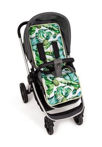 Szary wózek z poduszką siedzenia w kwiaty, na której znajdują się zielone liście i ananasy. Zawiera pasy bezpieczeństwa oraz dużą osłonę przeciwsłoneczną. Metalowa rama.