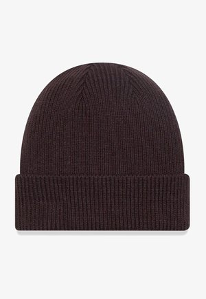 Brown knit beanie with a ribbed texture and a folded cuff. The design features a smooth finish and a rounded top.