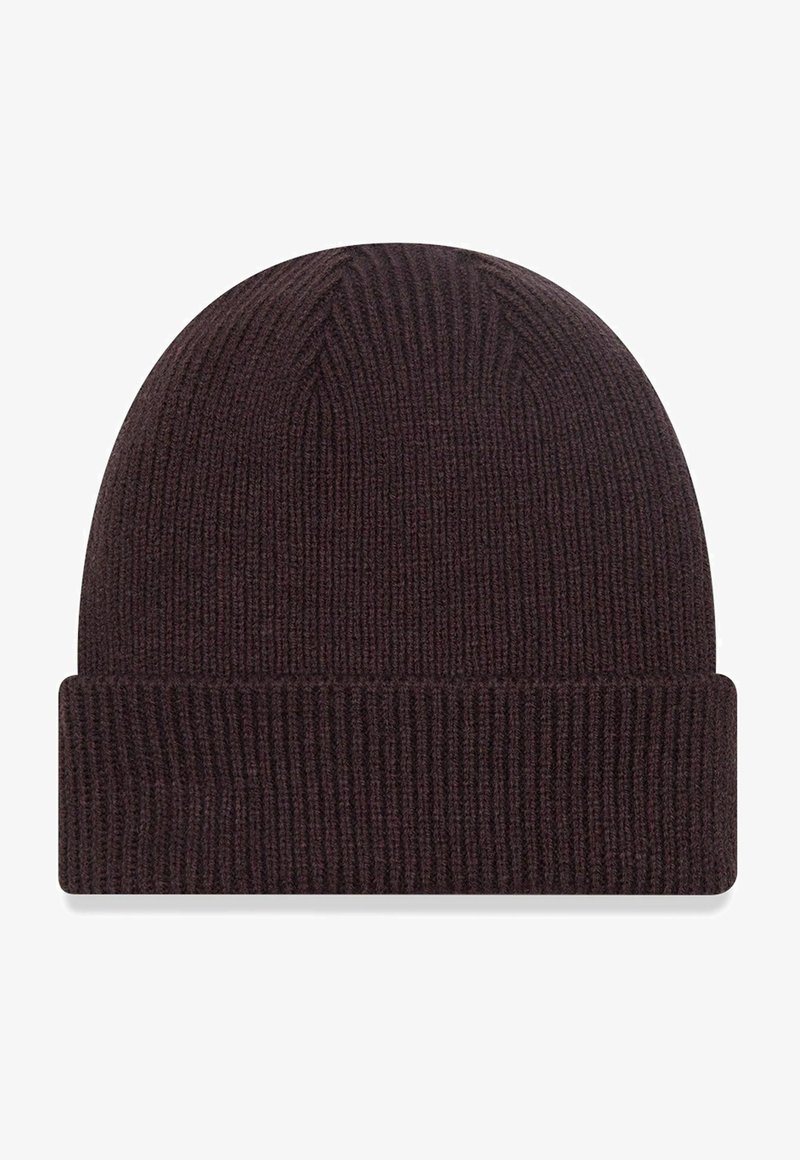 Brown knit beanie with a ribbed texture and a folded cuff. The design features a smooth finish and a rounded top.
