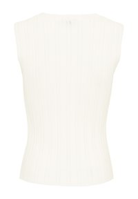 Top sans manches en tricot blanc avec une texture côtelée et des rayures verticales, silhouette ajustée et col rond.