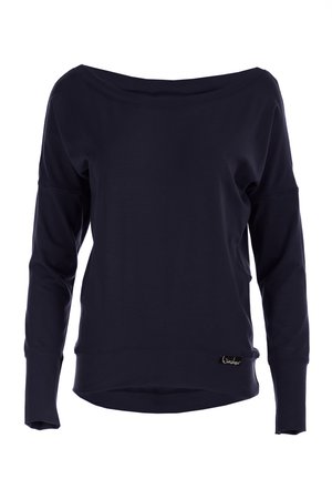 Navy blue sweatshirt with an off-shoulder neckline, long sleeves, textured fabric, and a small branded tag at the bottom left.