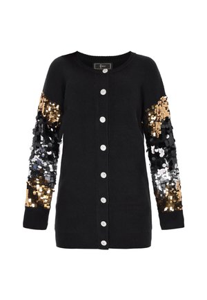 Cardigan nero con maniche lunghe decorate con paillettes dorate, argentate e nere, e sei bottoni frontali con dettagli trasparenti.