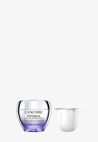 Krem Lancôme Rénergie H.P.N. 300-Peptide w zakrzywionym szklanym słoiku z srebrną pokrywką, z fioletowym gradientem i białą wewnętrzną nakrętką.