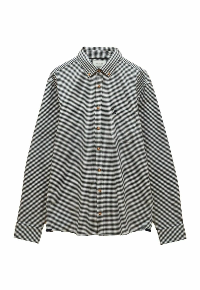 Schwarz-weiß kariertes Langarmhemd mit Button-Down-Kragen. Verfügt über braune Knöpfe und ein kleines Logo über der linken Brusttasche.