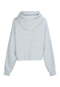 Jasnoszara krótka bluza z kapturem, z długimi rękawami, ściągaczami przy mankietach i kapturem, widziana od tyłu na białym tle.