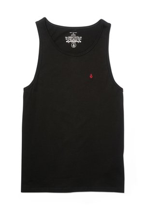 Schwarzes ärmelloses Tanktop mit einem kleinen roten Logo auf der linken Brust und weißem Text im Kragenbereich gedruckt.