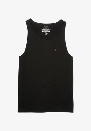 Zwart mouwloos tanktopje met een klein rood logo op de linkerborst en witte tekst gedrukt aan de binnenkant van de kraag.