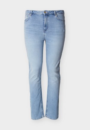 Blugi din denim albastru deschis, cu croială dreaptă, design cu cinci buzunare, fermoar și închidere cu nasture.