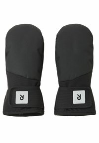 Moufles noires isolées en tissu lisse, dotées d'une sangle velcro et d'un patch logo au niveau du poignet. Design rond et rembourré.