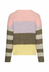 Strickpullover mit rundem Ausschnitt; mit Streifen in Pink, Lavendel, Olivgrün, Gelb und Creme; strukturierte Stoff mit unterschiedlichen Breiten.