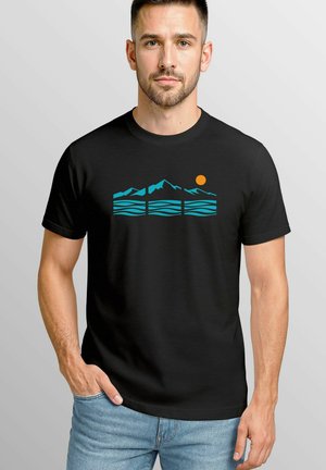 Black cotton t-shirt featuring a turquoise mountain and waves design with a sun accent. Short sleeves and crew neck style.