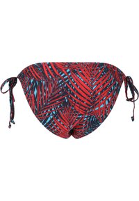 Röd och blå mönstrad bikiniunderdel med palmbladdesign, med justerbara sidoknytningar och ett mjukt, stretchigt tyg.