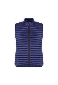 Il gilet isolato blu navy presenta un design a trapunta orizzontale, colletto alto e chiusura con zip frontale, con una texture di tessuto liscia.