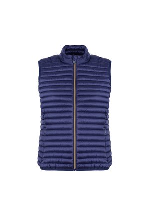 Il gilet isolato blu navy presenta un design a trapunta orizzontale, colletto alto e chiusura con zip frontale, con una texture di tessuto liscia.