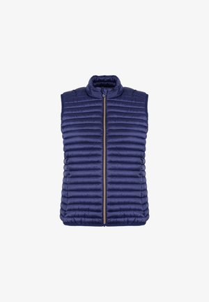 Il gilet isolato blu navy presenta un design a trapunta orizzontale, colletto alto e chiusura con zip frontale, con una texture di tessuto liscia.