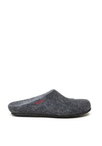 Gray felt slipper featuring a soft texture, closed back design, and a red logo detail on the side. Flat rubber sole for improved traction.