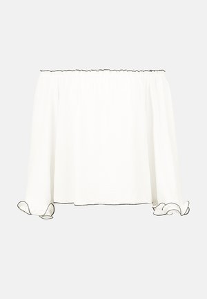 Balta off-the-shoulder blūze ar garām piedurknēm, ar čokurotām aprocēm un melnu apdari apkaklē un piedurknēs. Maiga auduma tekstūra.