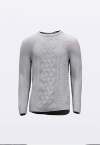 Šedý pletený svetr s copánkovým vzorem, kulatým výstřihem a dlouhými rukávy. Žebrovaný lem a manžety s texturovaným povrchem.