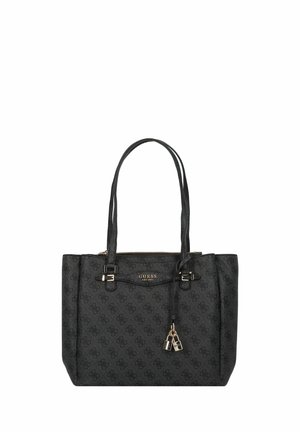 Sac fourre-tout noir avec motif embossé, deux poignées et accents en or. Il dispose d'une fermeture zippée et d'un charme de verrou décoratif.