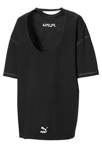 T-shirt nera oversize con scollo rotondo profondo. Realizzata in tessuto morbido, presenta maniche corte e il logo Puma in bianco nella parte inferiore.