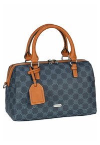 Borsa a tracolla in tessuto blu navy con motivo azzurro chiaro, rifiniture in pelle marrone, doppi manici e etichetta per bagagli. Chiusura con zip e accessori in argento.