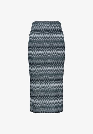 Gonna a tubino con motivo a zigzag nero, bianco e grigio che si estende verticalmente, vita alta, orlo al ginocchio.