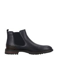 Botas Chelsea de piel negra con paneles elásticos en los laterales, una lengüeta de tirador y una suela resistente para un buen agarre. Diseño elegante con acentos mínimos.