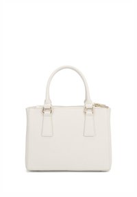 Borsa strutturata bianca con due manici superiori, chiusura con zip e hardware in tonalità oro. Realizzata in materiale testurizzato con forma rettangolare.
