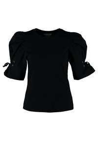 Blusa nera a maniche corte con spalle arricciate e dettagli con cordoncino annodato su ciascun maniche.