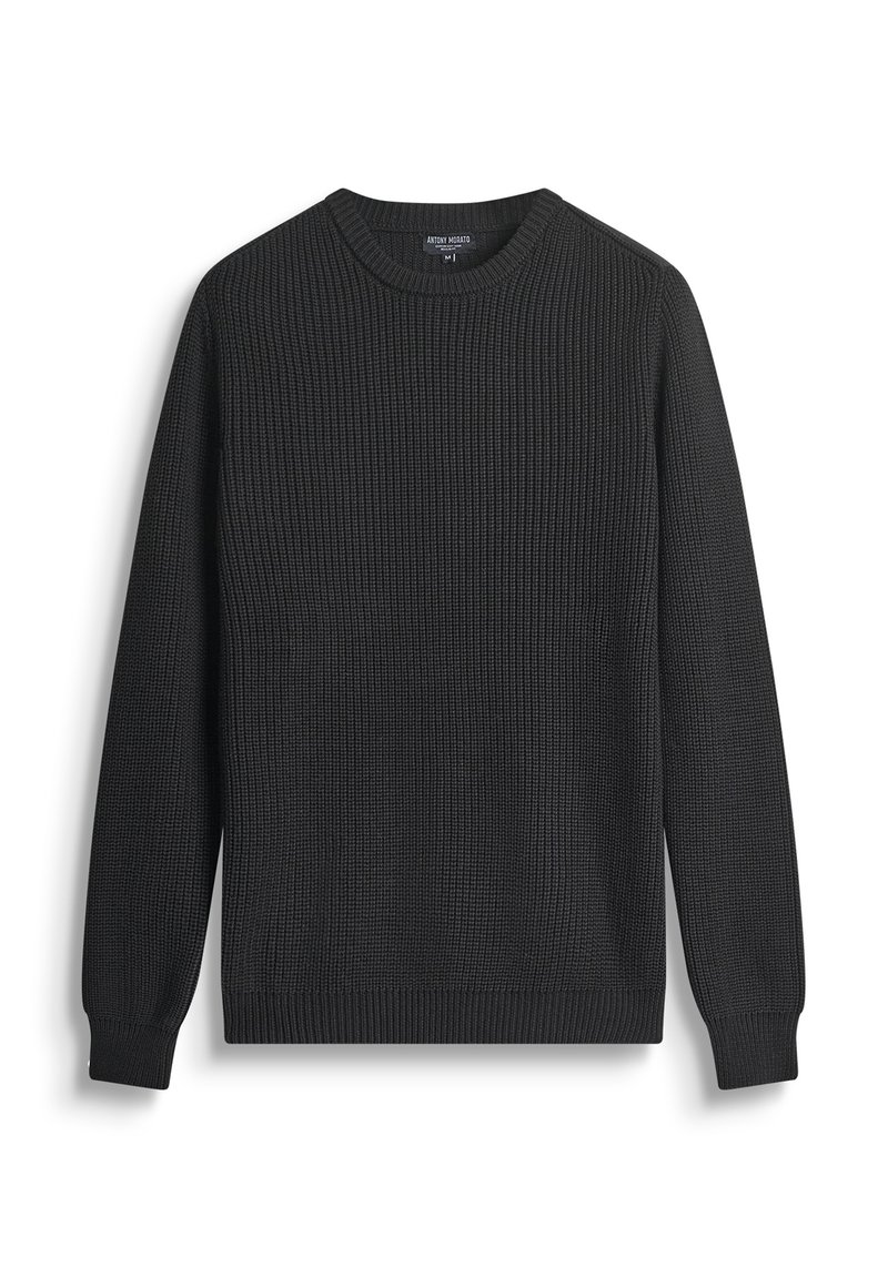 Zwarte gebreide trui met een ronde hals, geribbelde textuur en lange mouwen. De stof heeft een consistent patroon throughout.
