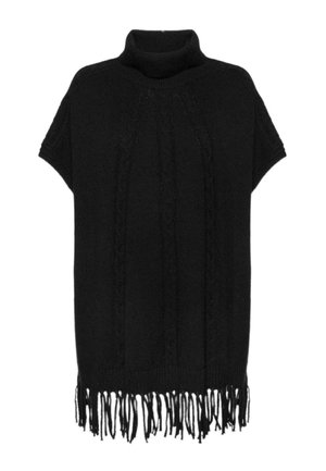 Zwarte gebreide poncho met een hoge hals, korte mouwen, kabelbrei-detail aan de voorkant en franjes langs de onderrand.