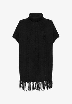 Czarny dziergany ponczo z wysokim kołnierzem, krótkimi rękawami, ozdobą warkoczową z przodu oraz frędzlami wzdłuż dolnej krawędzi.