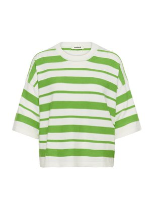 Vihreä- ja valkoraidallinen lyhythihainen paita pyöreällä pääntiellä. Pehmeä kangas, rento istuvuus ja kontrastiväriset vaakaraidat. Etiketissä lukee "soaked."