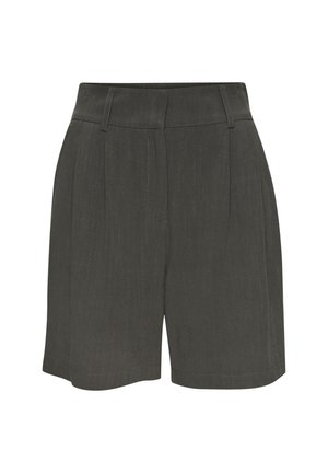 Maßgeschneiderte dunkelgraue Shorts mit glatter Textur, gefälteltem Vorderteil, Seitentaschen und einem mittelhohen Taillenbund.
