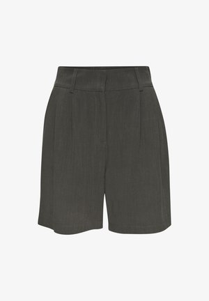 Maßgeschneiderte dunkelgraue Shorts mit glatter Textur, gefälteltem Vorderteil, Seitentaschen und einem mittelhohen Taillenbund.