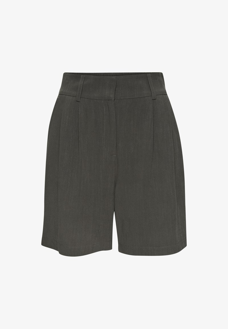 Tailored dark gray shorts with a smooth texture, pleated front, side pockets, and a mid-rise waistband.