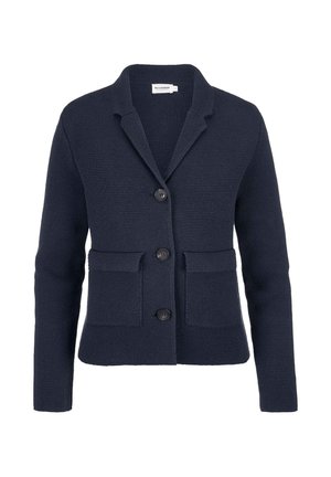 Dunkelblauer, gestrickter Blazer mit langen Ärmeln, drei schwarzen Knöpfen, Reverskragen mit Kerb und zwei aufgesetzten Taschen vorne.