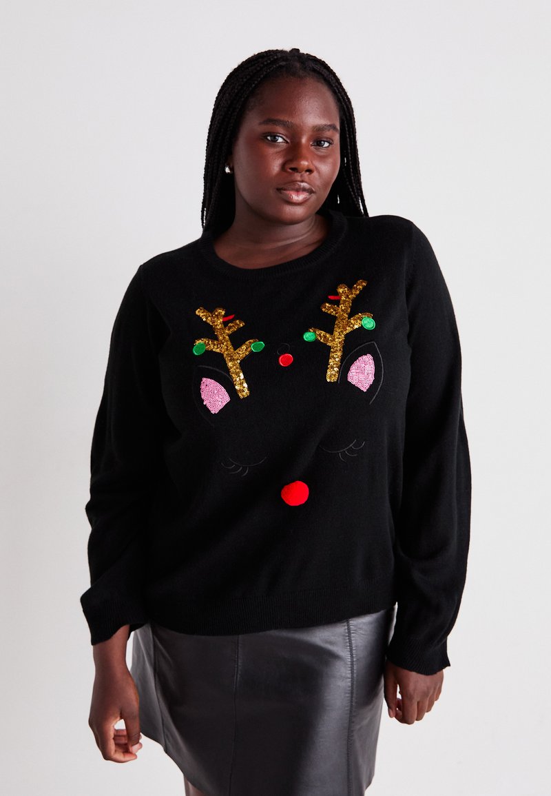 Schwarzer Pullover mit Rentierkopf-Design, goldglänzenden Geweihen, grünen und roten Akzenten und einer strukturierten roten Nase. Weicher Stoff, lässige Passform.