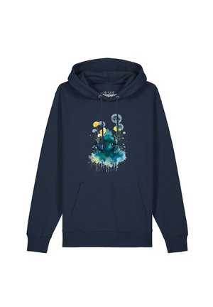 Sweat à capuche bleu marine avec poche devant et cordons, avec un motif style aquarelle d'une silhouette méditative entourée de pissenlits et de fleurs jaunes.