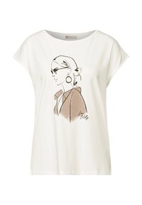 Camiseta blanca de algodón con mangas cortas que presenta un dibujo lineal minimalista en negro de una mujer con gafas de sol, acentuado con detalles en marrón claro.