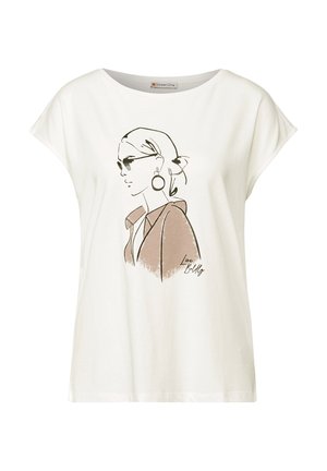 Witte katoenen T-shirt met korte mouwen, voorzien van een minimalistische zwarte lijntekening van een vrouw met een zonnebril, accentueert met lichtbruine details.