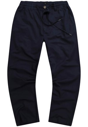 Granatowe bawełniane spodnie z elastycznym pasem, zapięciem na sznurek oraz kieszeniami bocznymi. Gładka tekstura, tapered leg design.