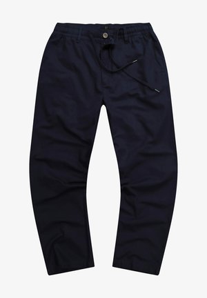 Navyblauwe katoenen broek met een elastische tailleband, trekkoordsluiting en zijzakken. Zachte textuur, taps toelopend ontwerp.