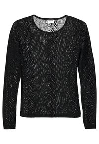 Svart tröja med långa ärmar och texturerad, öppen stickning. Har rundad halsringning och en avslappnad passform. Inga synliga stängningar eller prydnader.