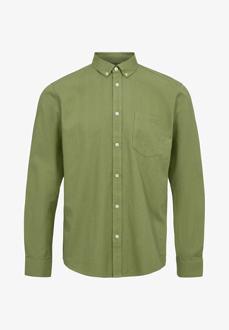 Camicia verde a maniche lunghe con bottoni, realizzata in tessuto leggero, con colletto a bottoni, taschino e sette bottoni frontali.